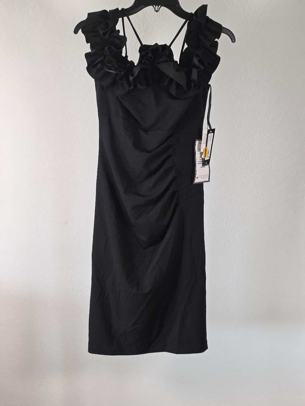 Xscape NWT Black Ruffle Strappy Ruched Cocktail Dress Size 8 $219 - Picture 2 of 11